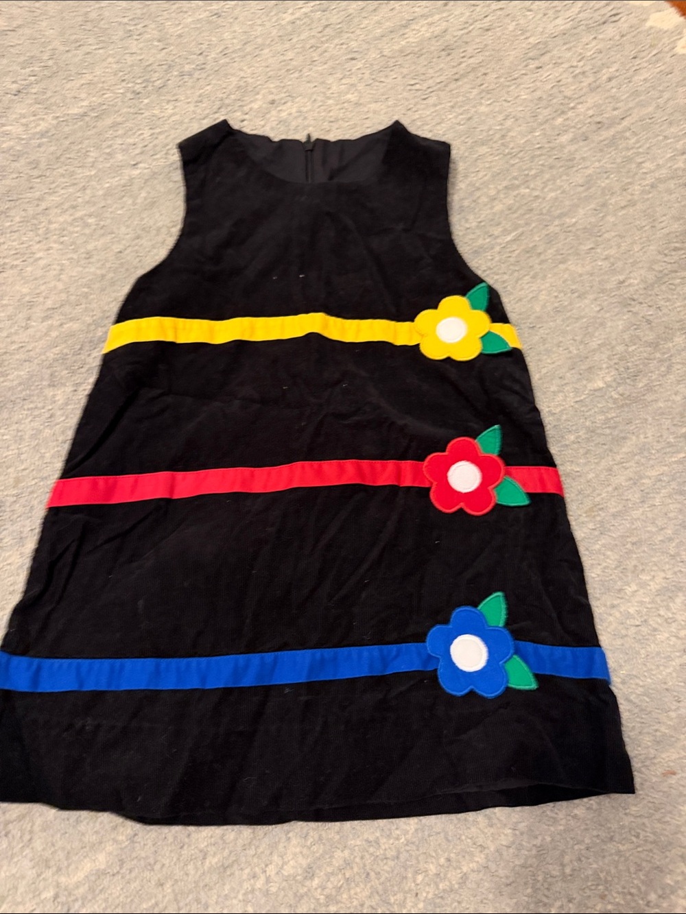 Florence Eisman Black corduroy jumper  Kids Dress with Colorful Flower Stripes